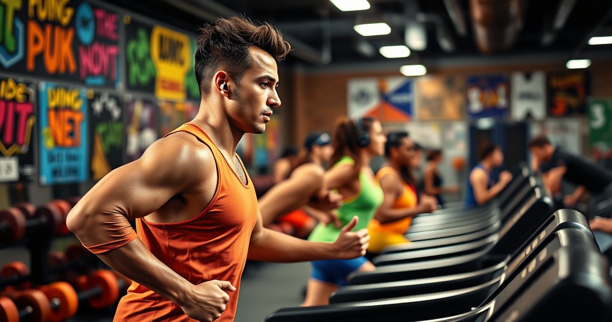 A dynamic gym scene showcasing a fit individual in vibrant workout gear, intensely running on a treadmill, with sweat glistening. One ear features sleek wireless earbuds, while the other has over-ear headphones. The background buzzes with energy: colorful weights, motivational posters, and energetic people, all under bright, uplifting lighting that emphasizes focus and determination.