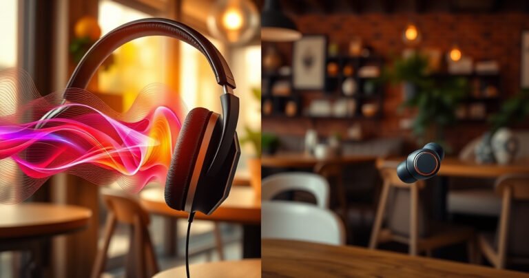 A split-image scene showcasing an elegant pair of over-ear headphones on one side, surrounded by lush sound waves and vibrant colors, contrasting with sleek, minimalist earbuds on the other, set against a backdrop of a cozy urban café. The atmosphere is warm, inviting, and buzzing with creativity, highlighting the debate between comfort and portability in audio experiences.