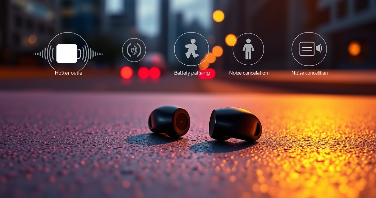 A sleek pair of Soundcore earbuds resting on a vibrant, textured surface, surrounded by sound wave graphics and digital icons representing features like battery life and noise cancellation, illuminated by soft, ambient lighting. In the background, a blurred cityscape hints at an active lifestyle, evoking a sense of innovation and high-quality sound performance.