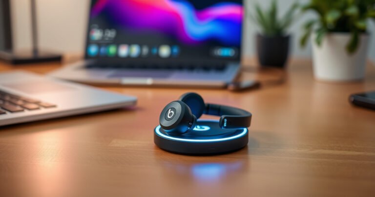 A stylish pair of Beats earbuds resting on a modern wooden desk, surrounded by a sleek wireless charging pad glowing softly, with hints of vibrant colors reflecting off the earbuds. In the background, a blurred tech workspace with a laptop and a plant, evoking a sense of innovation and convenience in audio technology.