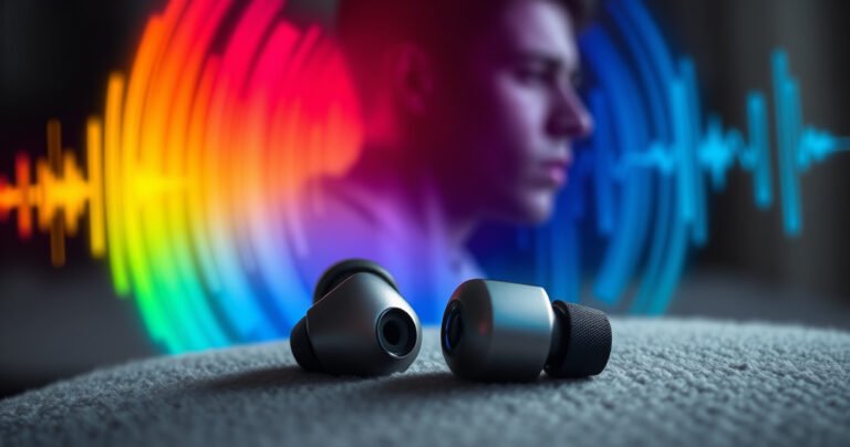 A close-up of a pair of sleek, modern earbuds resting on a soft, inviting surface, surrounded by sound waves visually represented in vibrant colors. In the background, the silhouette of a concerned listener with a thoughtful expression, highlighting the contrast between technology and health, with subtle hints of medical imagery.