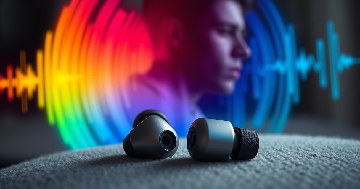 A close-up of a pair of sleek, modern earbuds resting on a soft, inviting surface, surrounded by sound waves visually represented in vibrant colors. In the background, the silhouette of a concerned listener with a thoughtful expression, highlighting the contrast between technology and health, with subtle hints of medical imagery.