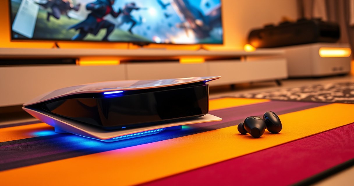 A sleek PS5 console sits on a modern gaming setup, illuminated by colorful LED lights. Next to it, a pair of stylish, wireless earbuds rests on a vibrant gaming mat. The background features a large flat-screen TV displaying an action-packed game scene, capturing the excitement of gaming while highlighting the convenience of wireless audio.