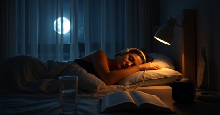 A cozy bedroom scene at night, soft moonlight filtering through sheer curtains. A person peacefully sleeping on a pillow, wearing comfortable earbuds. A bedside table with a glass of water, an open book, and a gentle alarm clock. Subtle shadows create a calm atmosphere, emphasizing restful sleep and the allure of modern convenience.