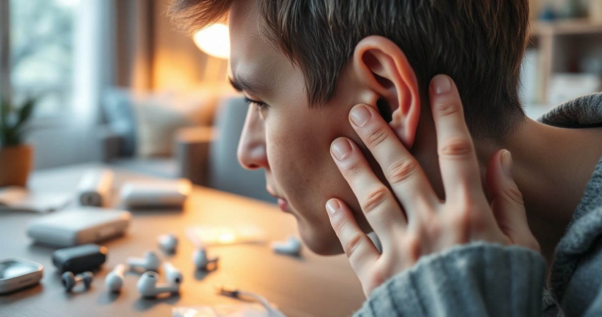 A close-up of a worried person holding their ear, surrounded by scattered earbuds and medical supplies, with a warm, diffused light highlighting the discomfort on their face, while a blurred background depicts a cozy home setting, creating an atmosphere of concern and curiosity about ear health and technology.
