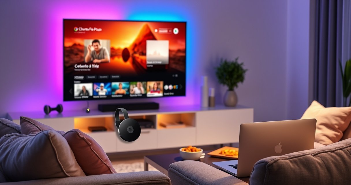 A modern living room with a sleek smart TV displaying vibrant streaming content, a stylish Chromecast device plugged into the HDMI port, colorful ambient lighting enhancing the atmosphere, a cozy couch with plush pillows, and a coffee table with snacks and a laptop open, illustrating the seamless blend of technology and comfort in home entertainment.
