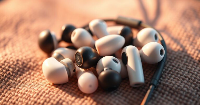 A close-up of a diverse group of earbuds nestled on a soft, textured fabric surface, showcasing various shapes and sizes. Highlight the intricate details of each earbud, with a focus on ear tips that demonstrate different materials and designs, all bathed in warm, inviting light, evoking a sense of comfort and personal connection.