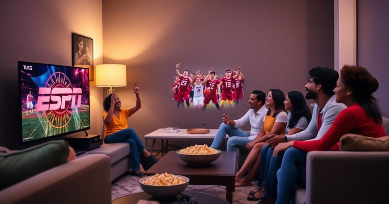 A modern living room with a sleek smart TV displaying the ESPN logo, surrounded by cozy furniture, a bowl of popcorn on a coffee table, and a family of diverse people excitedly watching a sports game, vibrant team colors illuminating the space, and a warm glow from a nearby lamp creating an inviting atmosphere.