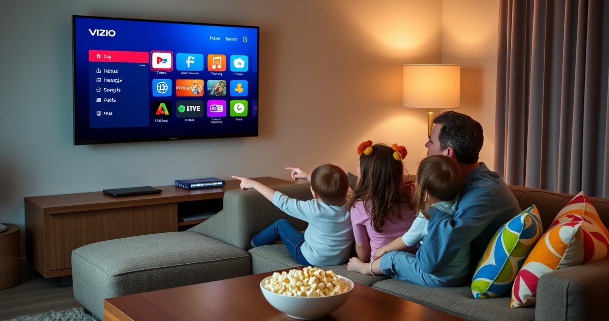 A cozy living room with a Vizio Smart TV on the wall, displaying vibrant app icons. A family sits on a plush sofa, eagerly pointing at the screen. Soft lighting creates a warm atmosphere, while a bowl of popcorn rests on the coffee table. Colorful cushions add a playful touch, enhancing the inviting scene.