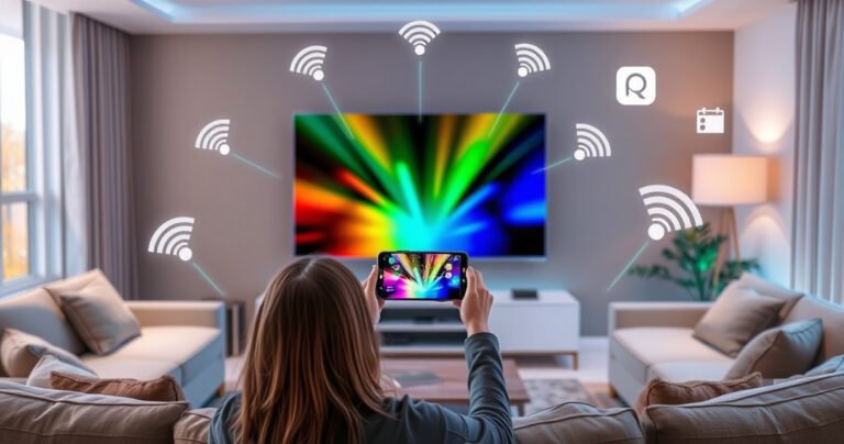 A modern living room with a sleek smart TV displaying a vibrant smartphone screen mirroring feature, cozy furniture, soft lighting, and a person excitedly using their phone, surrounded by digital icons representing connectivity, Wi-Fi signals, and apps, creating a warm and inviting atmosphere that showcases the fusion of technology and home entertainment.
