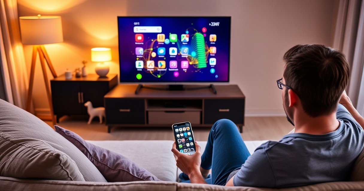 A cozy living room scene featuring a sleek smart TV displaying a vibrant smartphone screen mirroring apps, surrounded by a comfortable couch, soft pillows, and a warm glowing lamp. A person sits on the couch, smartphone in hand, joyfully navigating between apps, with colorful digital connections visually flowing between the devices.