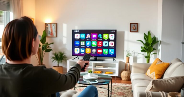 A bright, modern living room featuring a sleek Vizio Smart TV displaying colorful app icons on the screen. A person is joyfully rearranging apps using a remote control, surrounded by cozy furniture, potted plants, and warm lighting, creating a welcoming atmosphere that invites technology and comfort together.