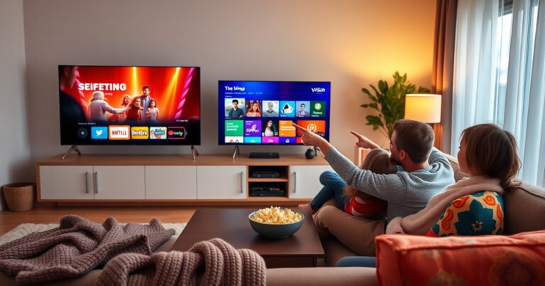 A cozy living room illuminated by a warm glow, featuring a sleek smart TV displaying a colorful streaming interface. A family sits together on a plush couch, excitedly pointing at the screen, with a bowl of popcorn on the coffee table. Soft throw blankets and vibrant cushions add a touch of comfort to the scene.