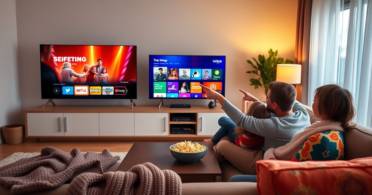 A cozy living room illuminated by a warm glow, featuring a sleek smart TV displaying a colorful streaming interface. A family sits together on a plush couch, excitedly pointing at the screen, with a bowl of popcorn on the coffee table. Soft throw blankets and vibrant cushions add a touch of comfort to the scene.