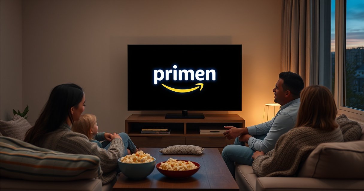 A cozy living room scene featuring a family gathered around a sleek smart TV, displaying the vibrant Amazon Prime logo. The room is softly lit, adorned with plush cushions and a warm blanket. A bowl of popcorn sits on the coffee table, while a window shows a twilight sky, hinting at a perfect movie night ahead.