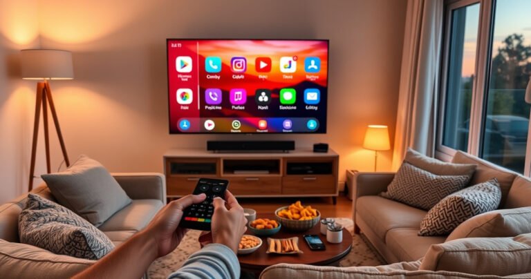 A cozy living room with a modern smart TV displaying colorful app icons, a person holding a remote control, surrounded by soft cushions and a warm glow from a floor lamp, a coffee table with snacks, and a window showing a sunset, capturing the essence of tech-savvy comfort and family bonding moments.