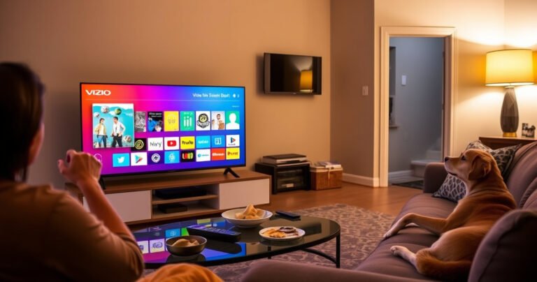 A cozy living room with a sleek Vizio Smart TV displaying a colorful app store interface. Soft ambient lighting highlights a stylish coffee table with remotes and snacks. A person, curious and engaged, points at the screen while a dog lounges nearby, creating a warm, inviting atmosphere of technology and relaxation.
