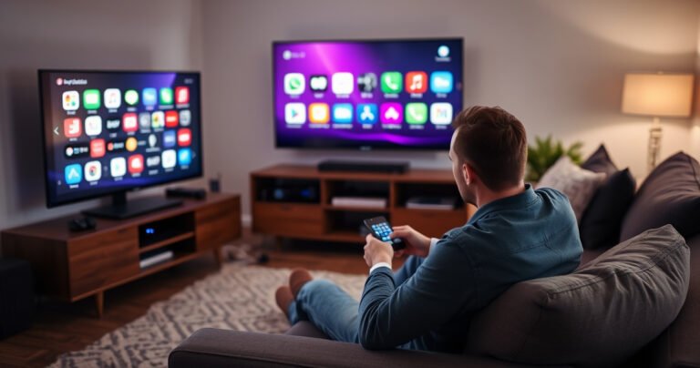 A modern living room with a sleek smart TV displaying vibrant app icons. A focused individual, seated on a stylish sofa, is navigating the TV's interface with a remote, surrounded by cozy decor. Soft lighting illuminates the space, while digital devices and cables hint at the tech-savvy atmosphere, capturing the essence of programming technology at home.