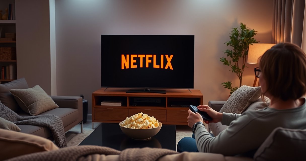 A cozy living room scene featuring a sleek smart TV displaying the Netflix logo, surrounded by plush cushions and a warm blanket. A bowl of popcorn sits on a coffee table, soft ambient lighting creates a welcoming atmosphere, while a person relaxes on the couch, remote in hand, ready to dive into their favorite show.