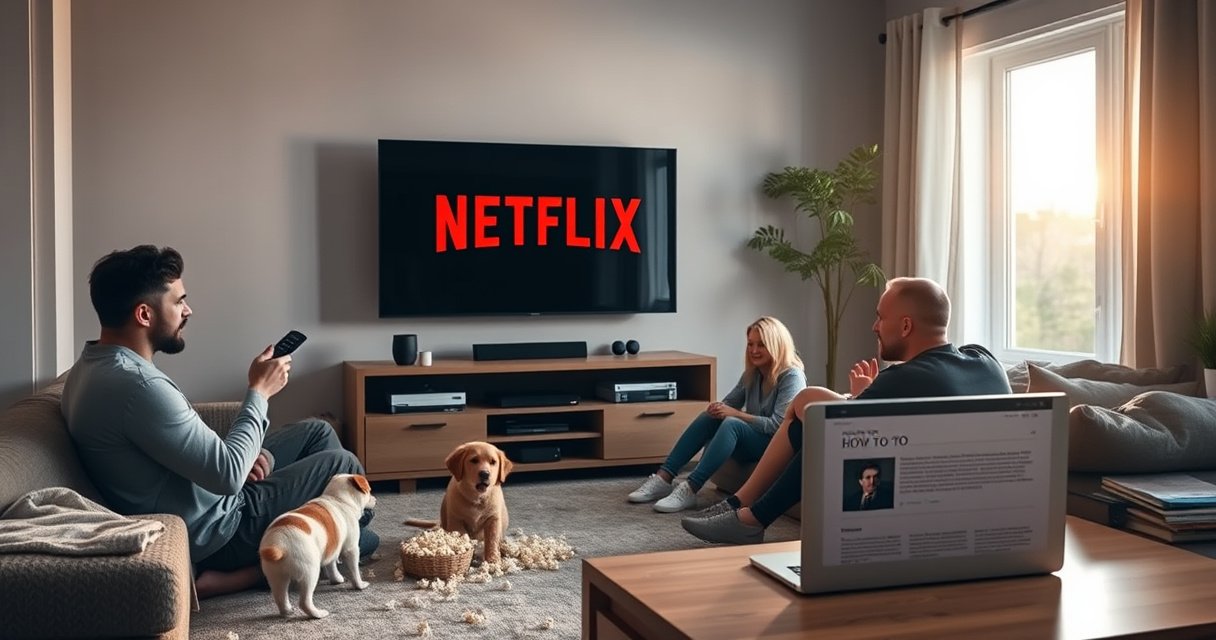 A cozy living room with a large smart TV displaying the Netflix logo, a frustrated family gathered around, a remote control in hand, popcorn scattered on the floor, soft evening light streaming through the window, a playful pet nearby, and a laptop open on the coffee table with a "How-To" article visible, creating an engaging, relatable scene.