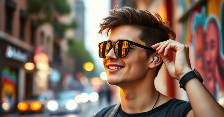 A stylish young person in a vibrant urban setting, effortlessly adjusting their sleek wireless earbuds. Bright city lights reflect off their sunglasses as they smile, showcasing a casual outfit. In the background, a blurred glimpse of a busy street and colorful murals adds energy, emphasizing the modern lifestyle of music and connectivity.