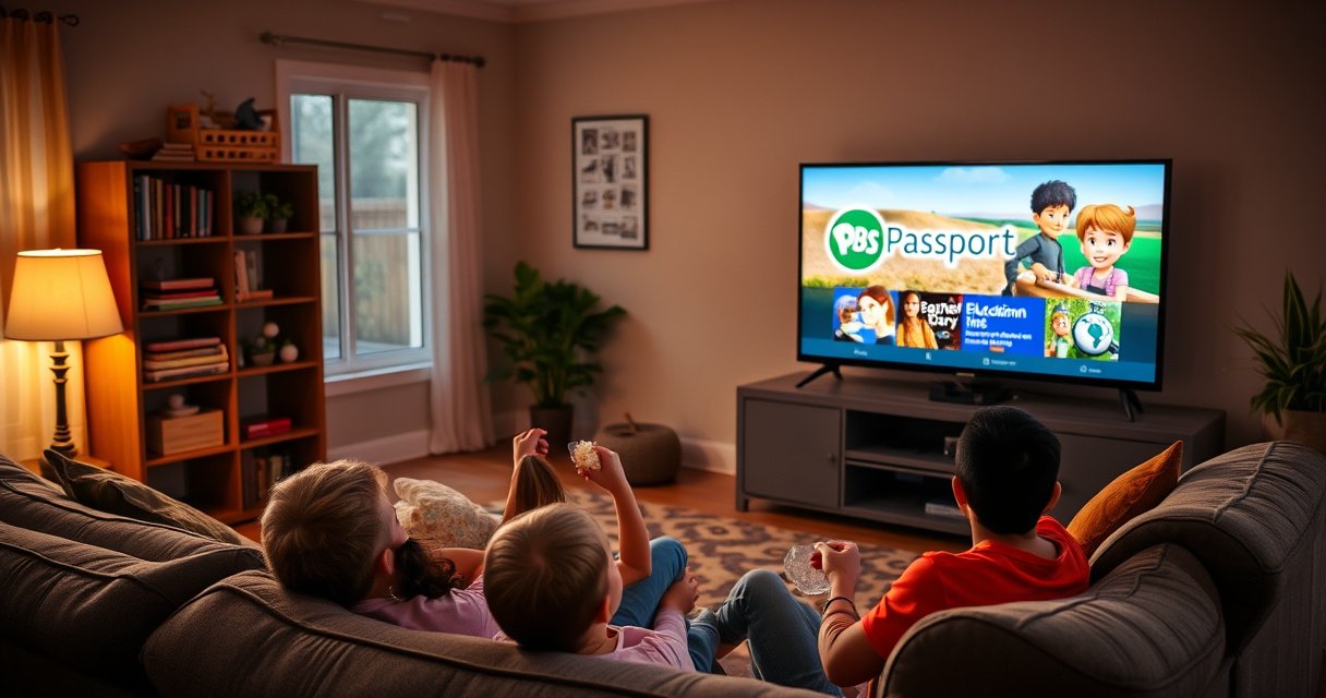 A cozy living room featuring a sleek smart TV displaying the PBS Passport logo, with a family gathered on the couch, popcorn in hand, eagerly watching educational content. Warm lighting enhances the inviting atmosphere, while a nearby bookshelf filled with books and plants adds a touch of homey charm, emphasizing the blend of technology and family togetherness.