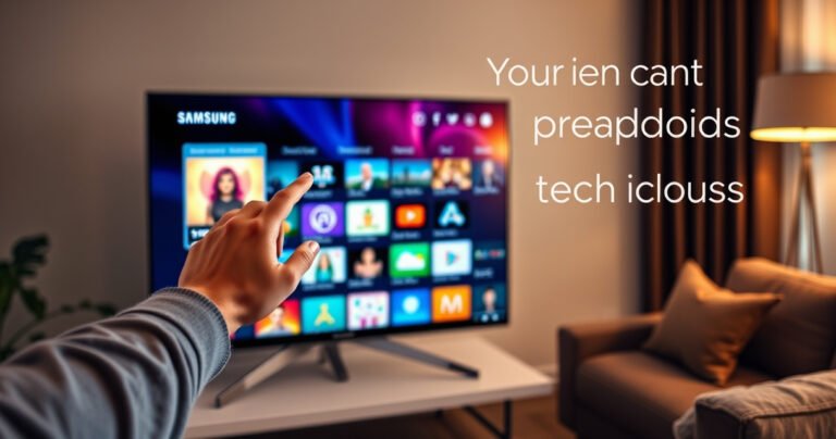 A sleek, modern Samsung Smart TV displaying a vibrant app store interface, colorful app icons glowing against a dark background. A user’s hand gestures towards the screen, with a cozy living room setting in soft focus, featuring a stylish couch and warm lighting, suggesting a friendly, inviting atmosphere for tech-savvy readers.