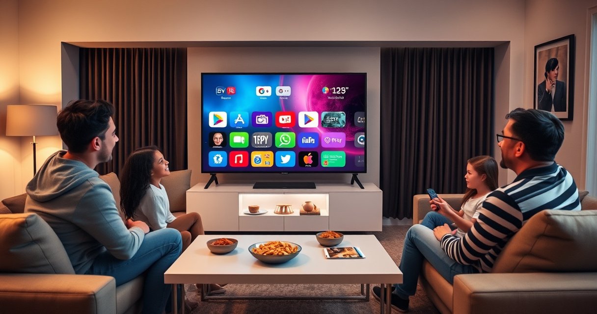 A cozy living room with a sleek smart TV displaying colorful app icons, surrounded by a family joyfully interacting with a remote control. Soft lighting highlights a stylish couch and a coffee table with snacks, creating an inviting atmosphere that embodies the excitement of modern technology and family bonding during movie night.