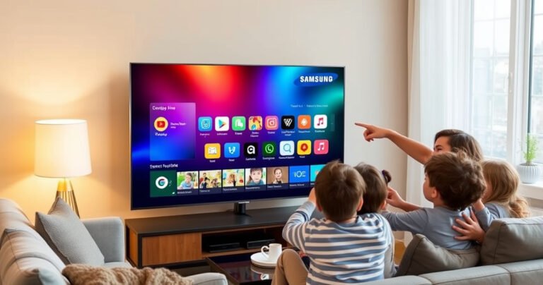A sleek Samsung Smart TV displaying a vibrant app store interface, surrounded by colorful app icons. A cozy living room setting with a modern sofa, a soft glow from a lamp, and a family gathered excitedly, pointing at the screen. The atmosphere is warm and inviting, showcasing technology in everyday life.