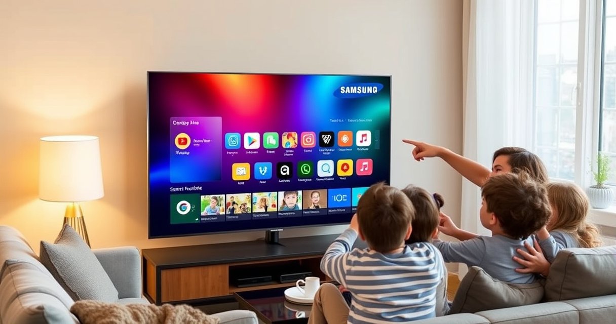 A sleek Samsung Smart TV displaying a vibrant app store interface, surrounded by colorful app icons. A cozy living room setting with a modern sofa, a soft glow from a lamp, and a family gathered excitedly, pointing at the screen. The atmosphere is warm and inviting, showcasing technology in everyday life.