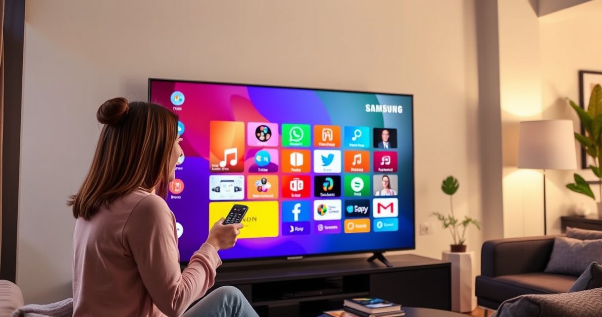 A sleek Samsung Smart TV displaying a vibrant home screen filled with colorful app icons, surrounded by a modern living room setting. Soft ambient lighting enhances the contemporary decor, while a user joyfully interacts with the remote, showcasing an inviting atmosphere of technology blending seamlessly with everyday life.