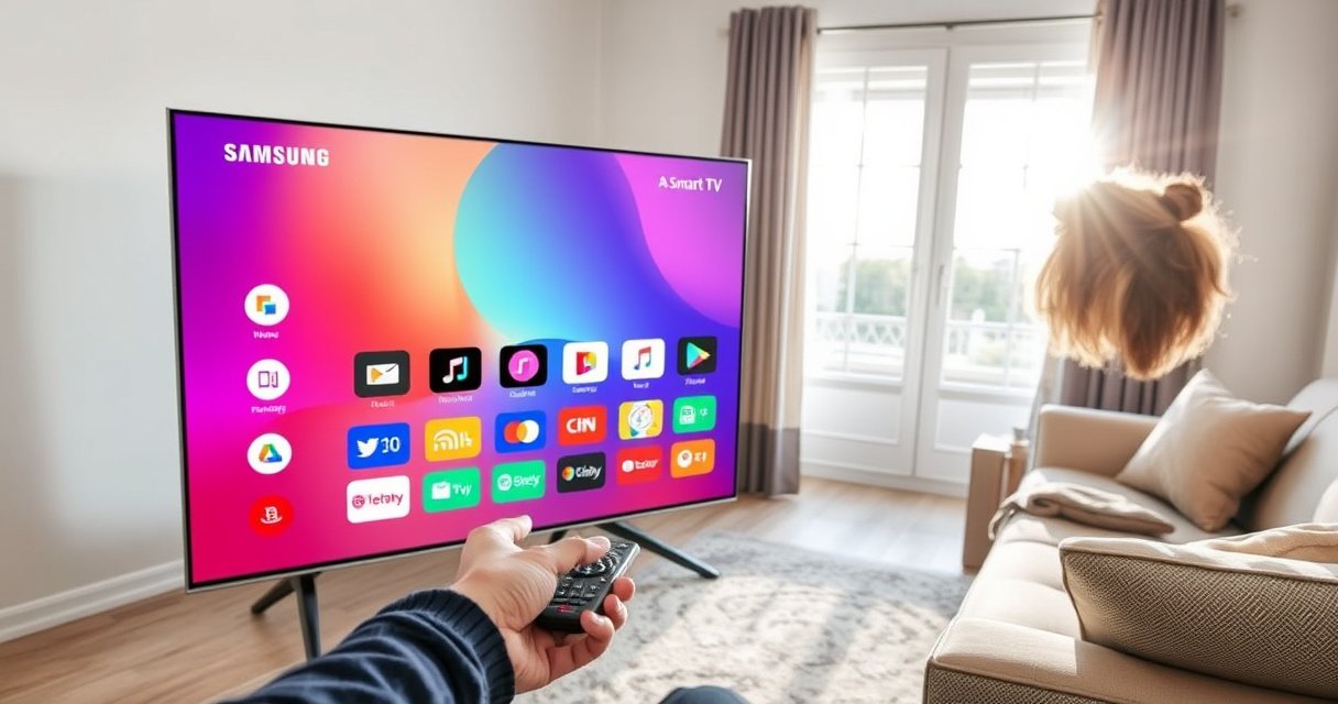 A sleek Samsung Smart TV displays a vibrant home screen filled with colorful app icons. In the foreground, a person joyfully interacts with a remote, surrounded by a cozy living room. Bright natural light filters through a window, casting a warm glow on modern furniture and a stylish rug, creating an inviting tech-savvy atmosphere.