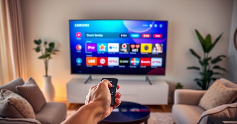 A sleek Samsung Smart TV displaying a vibrant app selection screen, with colorful icons of popular streaming services. A hand reaching out to tap the remote, surrounded by a cozy living room with plush furniture, soft lighting, and decorative plants, creating an inviting atmosphere for tech-savvy viewers eager to enhance their entertainment experience.