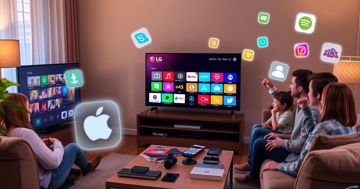 A cozy living room featuring a sleek LG Smart TV displaying colorful app icons, with a family gathered around, eagerly pointing at the screen. Soft, warm lighting highlights a plush couch and a coffee table stacked with tech gadgets, while digital app logos float around, symbolizing the excitement of adding new applications.