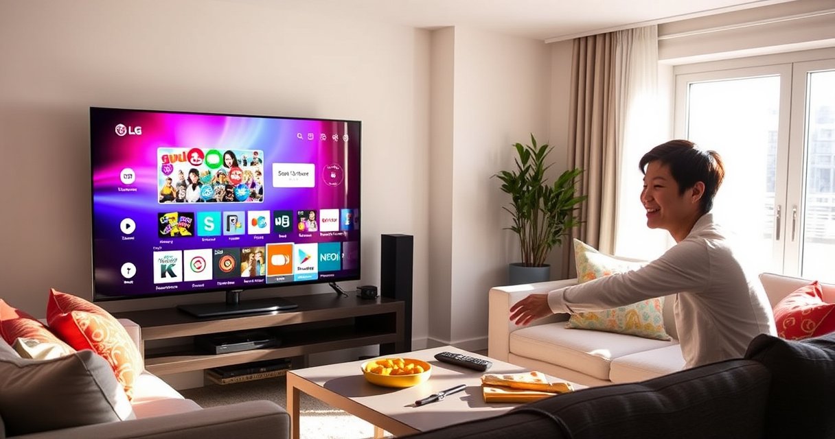 A bright living room featuring a sleek LG Smart TV displaying a vibrant app store interface, surrounded by a cozy couch with colorful cushions. Sunlight streams through a window, illuminating a coffee table with a remote and snacks. A person, smiling, is reaching towards the TV, showcasing the ease of adding apps.