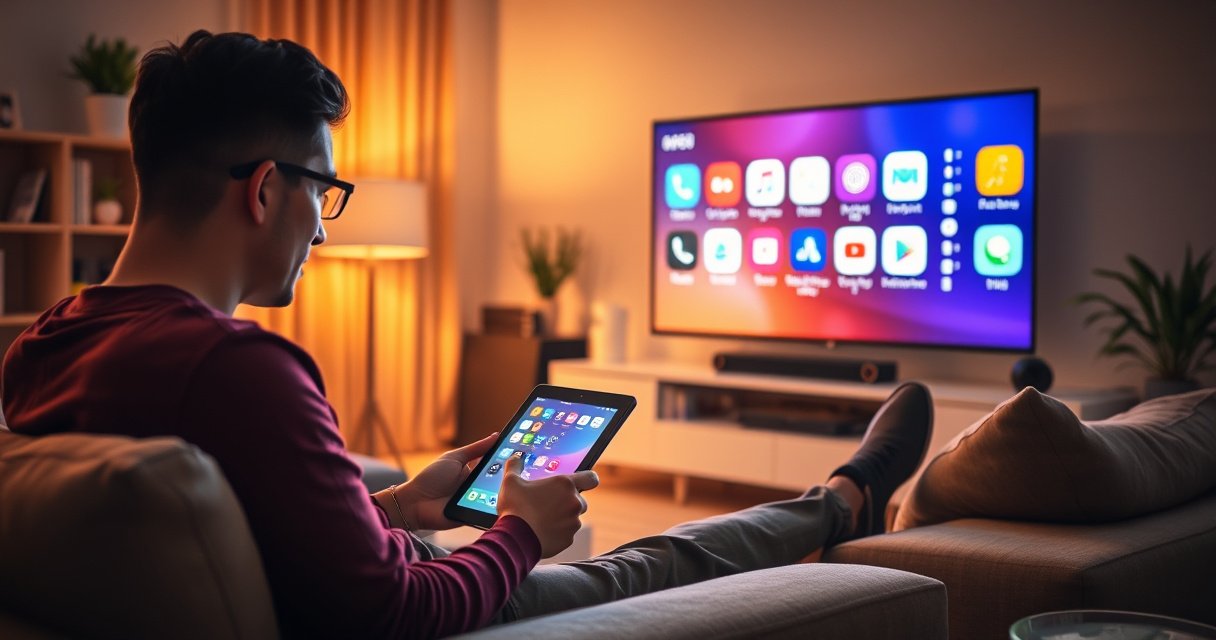 A cozy living room bathed in warm light, featuring a sleek smart TV displaying colorful app icons. A person sits on a plush sofa, tablet in hand, with a focused expression. Surrounding are hints of modern technology, like a stylish remote and a coffee cup, creating an inviting atmosphere for tech-savvy readers.