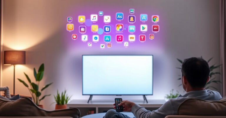 A sleek LG Smart TV glowing in a modern living room, with vibrant app icons floating above it. A user interacts with a remote, surrounded by cozy furniture, soft lighting, and plants. The scene conveys a sense of ease and technology, highlighting the seamless integration of entertainment in a stylish home environment.