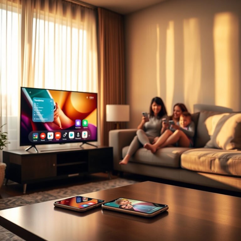 A cozy living room with a sleek smart TV displaying a vibrant app interface, next to a coffee table with a smartphone showcasing a mirrored screen. Warm light filters through sheer curtains, casting soft shadows, while a plush couch invites relaxation. In the background, a family joyfully interacts with their devices, blending technology with togetherness.
