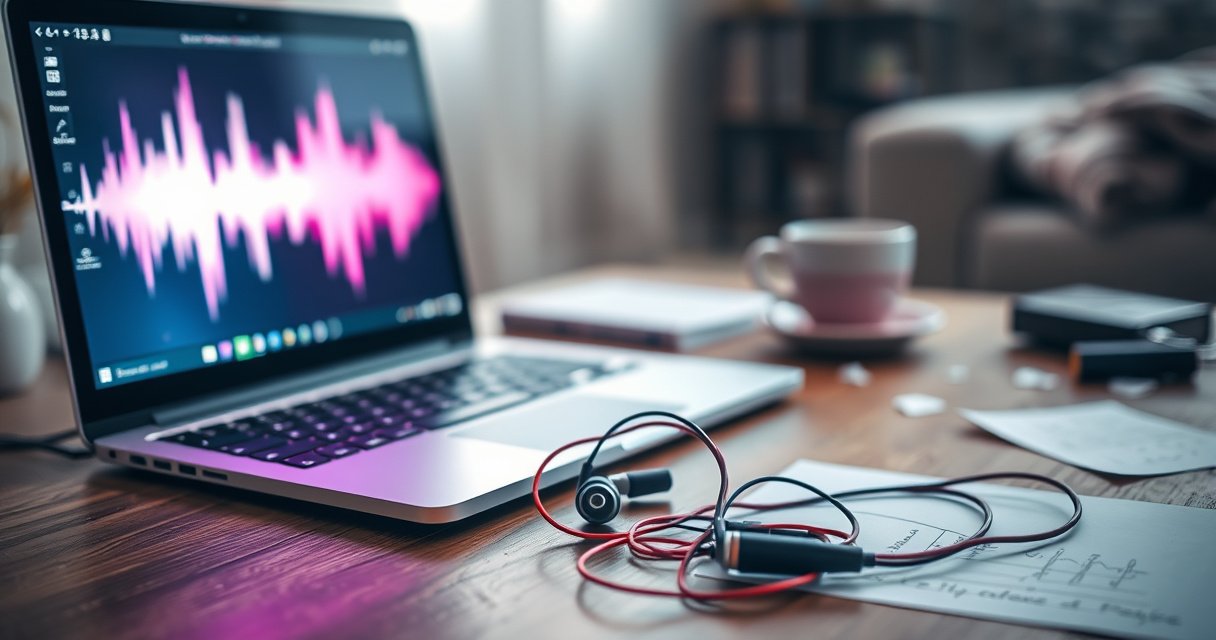A sleek, modern laptop sits on a wooden desk, its screen glowing with vibrant sound waves. Next to it, a pair of stylish Skullcandy earbuds, tangled in colorful wires, await connection. The background is softly blurred, filled with hints of a cozy room, showcasing a coffee cup and scattered notes, evoking a sense of creativity and connection.