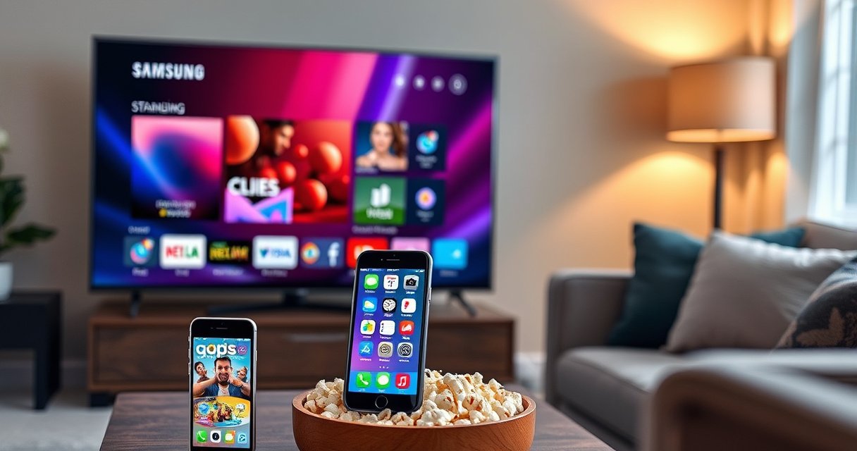 A sleek iPhone displays a glowing screen with vibrant app icons, positioned next to a modern Samsung Smart TV showcasing a colorful streaming interface. Soft ambient lighting fills the cozy living room, with plush furniture and a coffee table adorned with a bowl of popcorn, inviting viewers to explore seamless connectivity between devices.