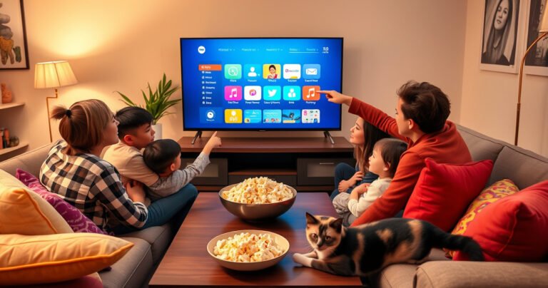 A cozy living room with a modern smart TV displaying a colorful app store interface, a family gathered around the couch, excitedly pointing at the screen, vibrant cushions scattered about, a bowl of popcorn on the coffee table, warm lighting creating an inviting atmosphere, and a playful cat lounging nearby, capturing the essence of family tech time.