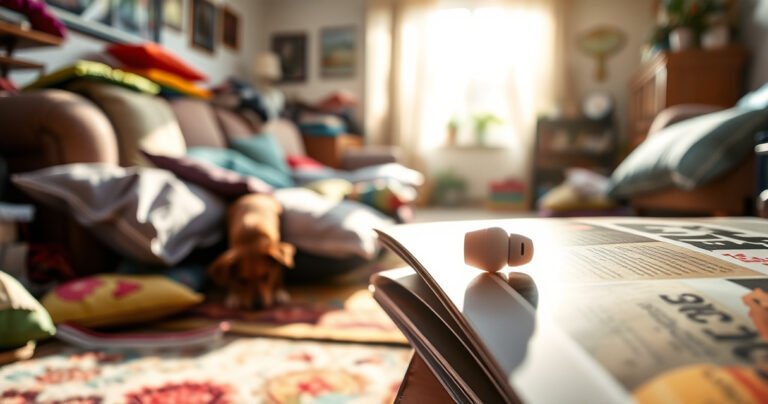 A vibrant, cluttered living room scattered with colorful cushions and a playful dog searching under the sofa, sunlight streaming through a window casting soft shadows. In the foreground, a close-up of a lone earbud peeking out from beneath a magazine, glinting in the light, symbolizing the quest for lost items.