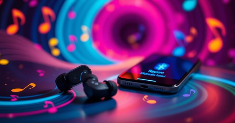 A close-up of sleek Raycon earbuds resting on a vibrant, swirling background of sound waves and colorful musical notes, with a glowing smartphone displaying a Bluetooth connection screen, all illuminated by soft ambient light, evoking a modern, tech-savvy atmosphere that invites readers to explore the art of pairing their audio devices.