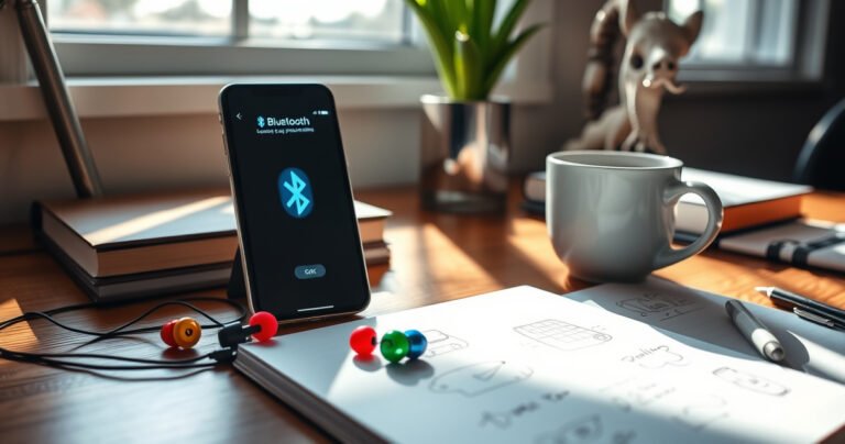 A vibrant, modern workspace featuring a sleek smartphone displaying a Bluetooth connection screen, alongside colorful Skullcandy earbuds resting on a stylish wooden desk. Bright sunlight streams through a window, casting dynamic shadows, while a notebook with doodles and a steaming coffee cup add a cozy, inviting atmosphere, embodying tech-savvy productivity and ease of connectivity.