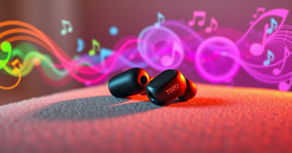 A close-up of two sleek TOZO T10 earbuds resting on a soft, textured surface, surrounded by vibrant sound waves illustrated in colorful swirls and patterns. Ambient light casts a warm glow, emphasizing the earbuds' glossy finish, while a subtle hint of technology, like Bluetooth symbols, weaves through the background, suggesting connectivity and modernity.