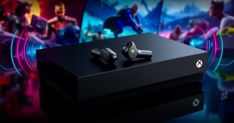 A sleek pair of wireless earbuds rests on a glossy black Xbox console, surrounded by vibrant sound waves and digital icons representing connectivity. The background features a dynamic gaming scene with colorful visuals of characters and landscapes, seamlessly blending technology and entertainment, reflecting the ultimate gaming experience.