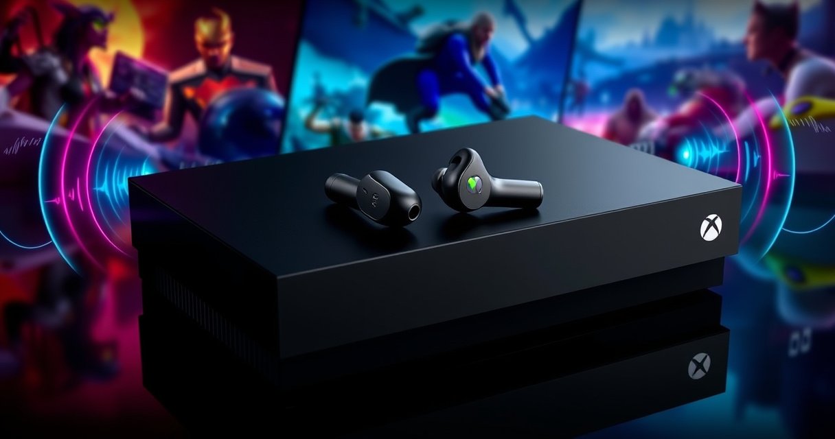 A sleek pair of wireless earbuds rests on a glossy black Xbox console, surrounded by vibrant sound waves and digital icons representing connectivity. The background features a dynamic gaming scene with colorful visuals of characters and landscapes, seamlessly blending technology and entertainment, reflecting the ultimate gaming experience.