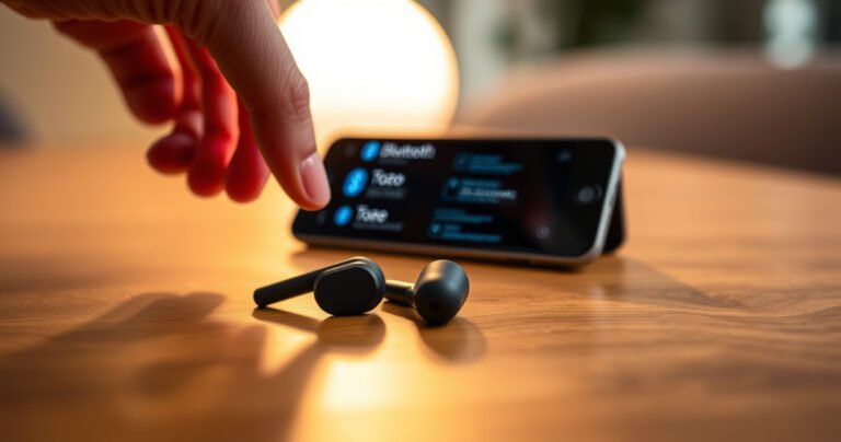 A close-up of sleek, modern Tozo earbuds resting on a stylish wooden table, surrounded by a soft, glowing light. The background features a blurred smartphone displaying Bluetooth settings, with a subtle hint of technology and tranquility, emphasizing the ease of pairing. A hand gently reaches for the earbuds, evoking a sense of connection and innovation.
