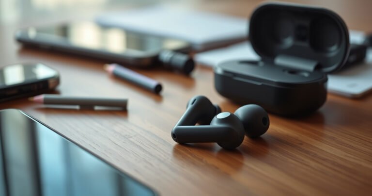 A close-up of sleek, modern wireless earbuds resting on a wooden table, surrounded by scattered tech gadgets like a smartphone and charging case. Soft, warm lighting highlights the earbuds, while a subtle hint of a troubleshooting guide is blurred in the background, creating an inviting, tech-savvy atmosphere.
