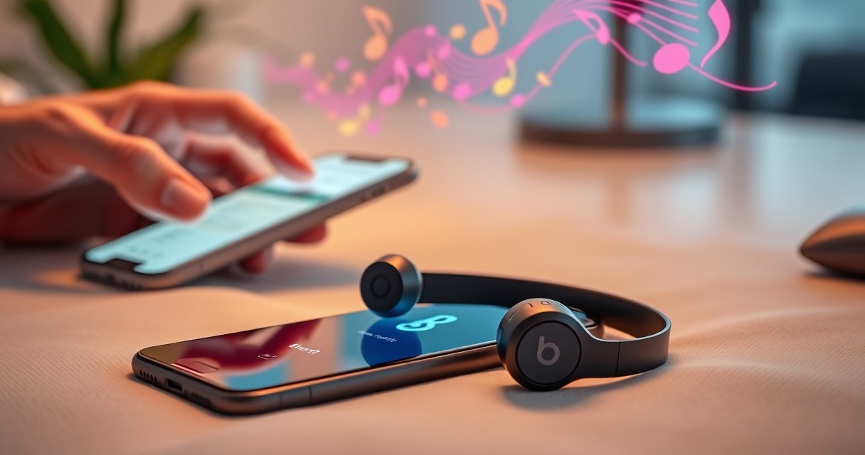 A close-up of sleek, stylish Beats earbuds resting on a soft, modern desk, surrounded by a glowing smartphone displaying the Bluetooth settings. Background hints of vibrant music notes swirling in the air, creating an energetic atmosphere, while a hand reaches towards the phone, preparing to connect. Bright, inviting colors emphasize a tech-savvy lifestyle.